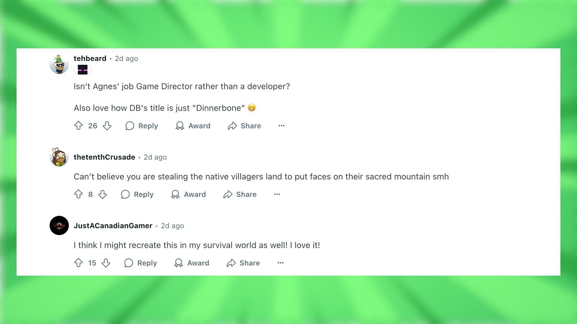 Redditors react to the Mount Rushmore build in the game (Image via Reddit)